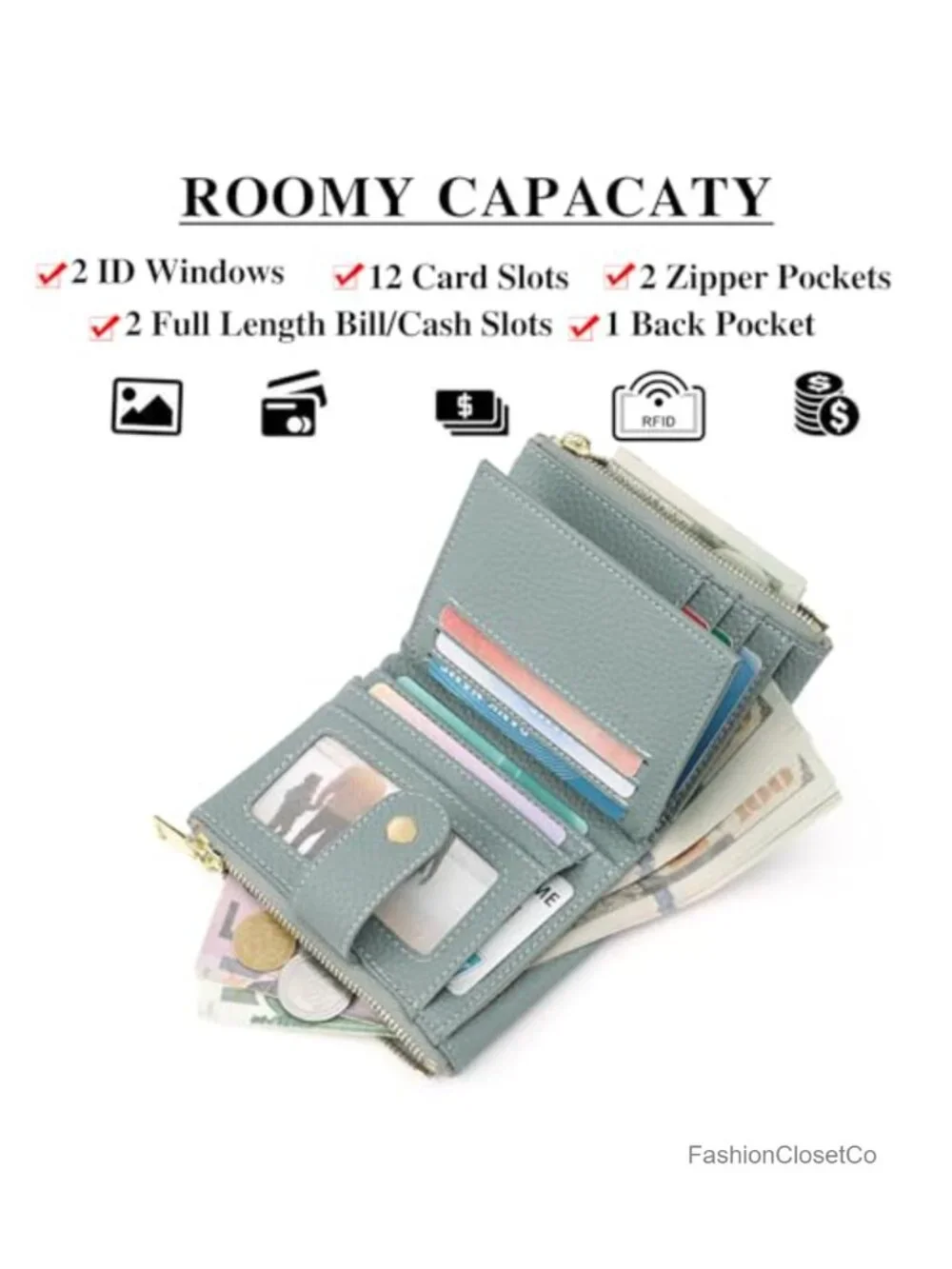 RFID Blocking Trifold Leather Wallet with Credit Card Slots and Zipper Coin